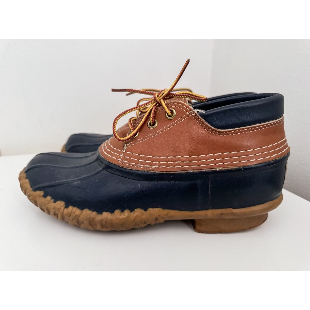 LL Bean Boots Womens 8 Navy Blue Tan Leather Rubber Moc Duck Boots Made in USA